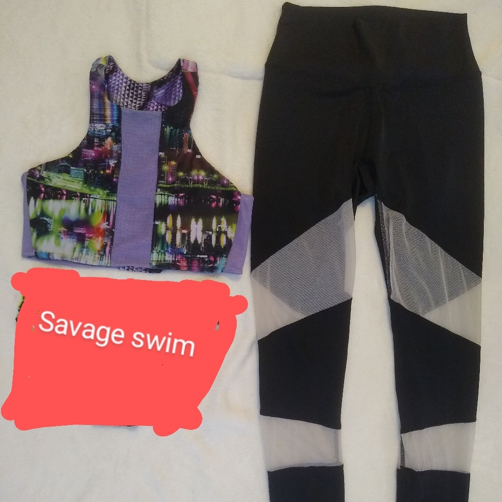 Savage swim 2 piece reversible bikini top, & color block mesh leggings MEDIUM